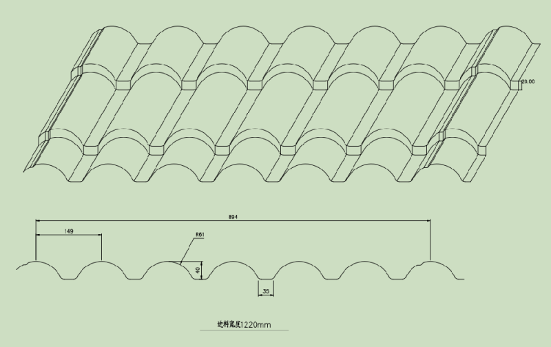Drawing Profile of the Glazed Tile Roof panel Machine with Bamboo Joint Pattern